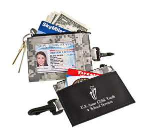 camouflage printed ID clip with a zippered pocket